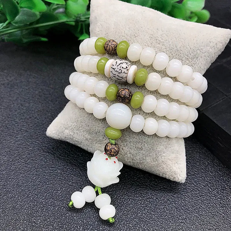 White Jade Bodhi Root Bracelet 108 Bracelet - 6X8 Red Dot Lotus