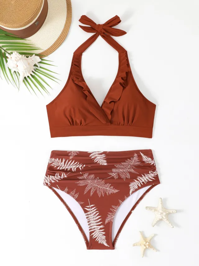 Halter High Waist Pleated Bikini Swimsuit For Women Red - Shop at LoveMi