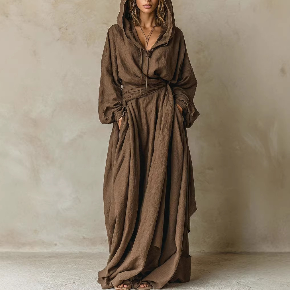 Womens Casual Loose-fitting Hooded Dress With A Belt