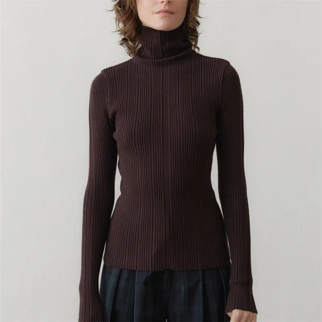 Women's Fashion Elegant Inner Match Sunken Stripe Slimming And Warm Turtleneck Bottoming Shirt Coffee Color - Shop at LoveMi