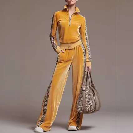 Leopard-print Patchwork Casual Long-sleeve Pants Set For Women