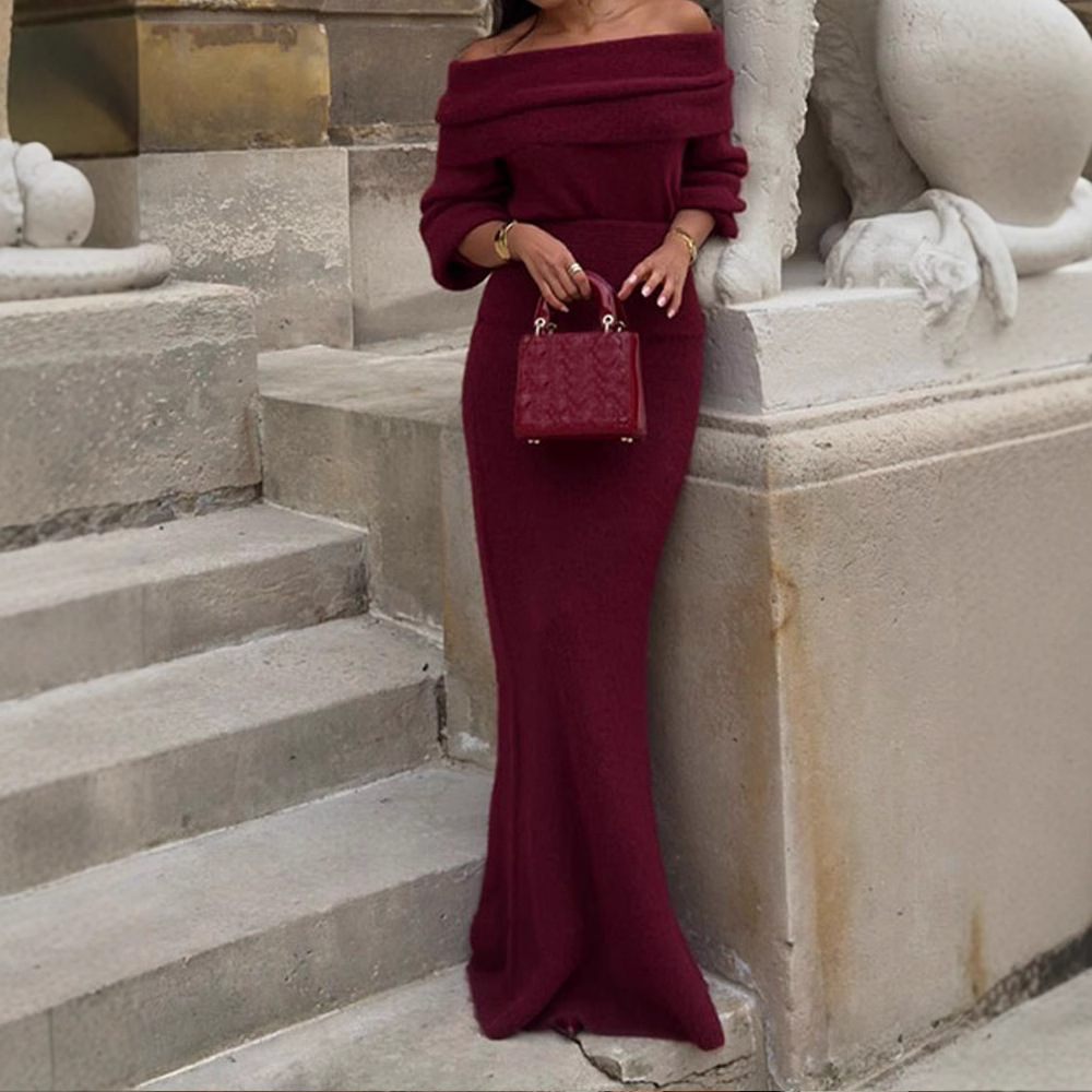 Women's Fashionable Fitted Long Sleeve Wool Dress