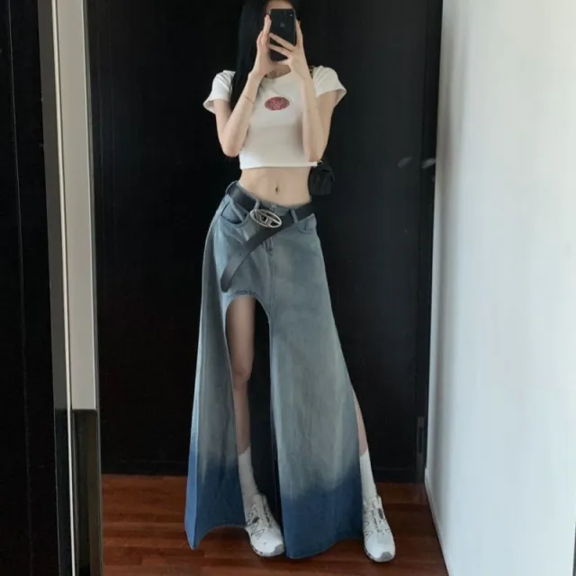 Retro Button A Line Design Slit Midi Skirt Blue - Shop at LoveMi