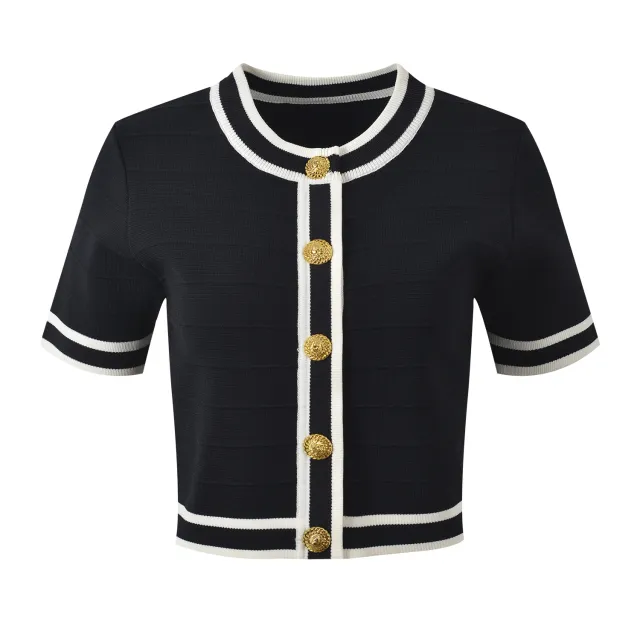 Temperament Slim fit Contrast Colors Gold Buckle Round Neck Cardigan Two piece Set Coat Black - Shop at LoveMi