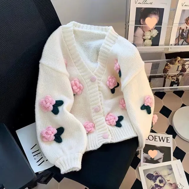 Women's Three dimensional Flower Knitted Cardigan Loose Sweater Coat Pink - Shop at LoveMi