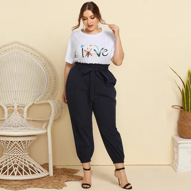 Women's Round Neck Print T shirt Lace up Solid Color Long Casual Suit White - Shop at LoveMi