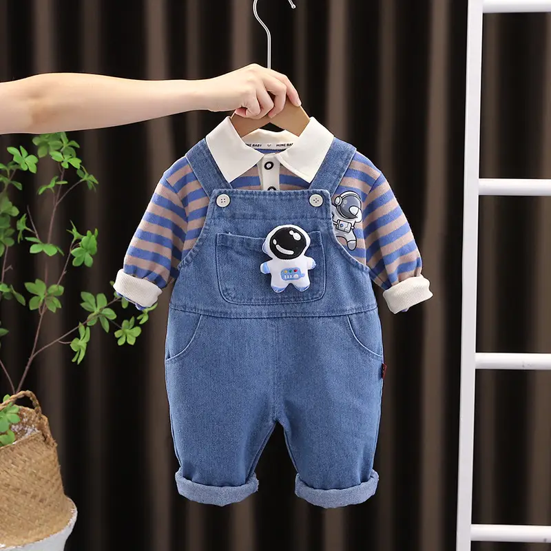 Children's Striped Cartoon Shirt Suspender Pants Suit