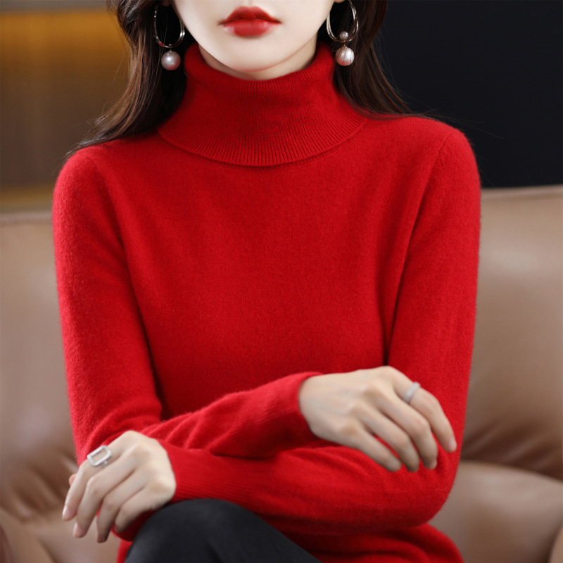 Lapel Sweater Women's Autumn And Winter Women's Solid Color Turtleneck Knitting Bottoming Shirt Sweater Red - Shop at LoveMi