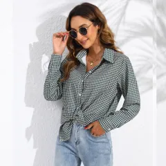 Women's Casual Long Sleeve Shirt With Lapel And Plaid Pattern - Green - View 1