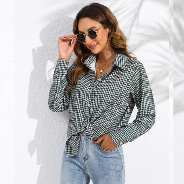 Women's Casual Long Sleeve Shirt With Lapel And Plaid Pattern Green - Shop at LoveMi