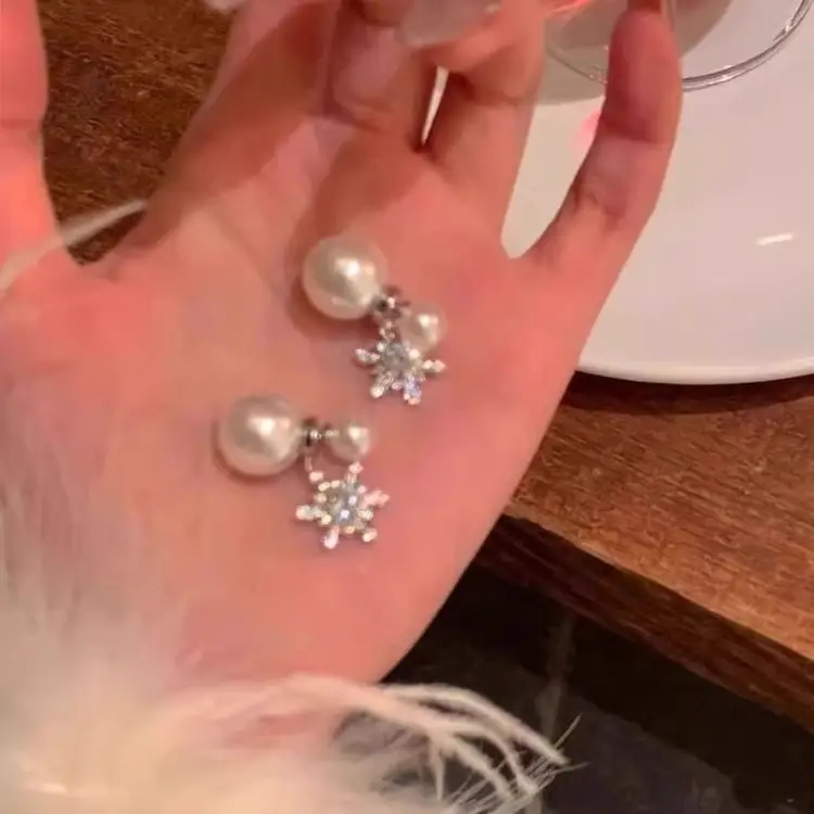 Christmas Full Diamond Snowflake Pearl Stud Earrings