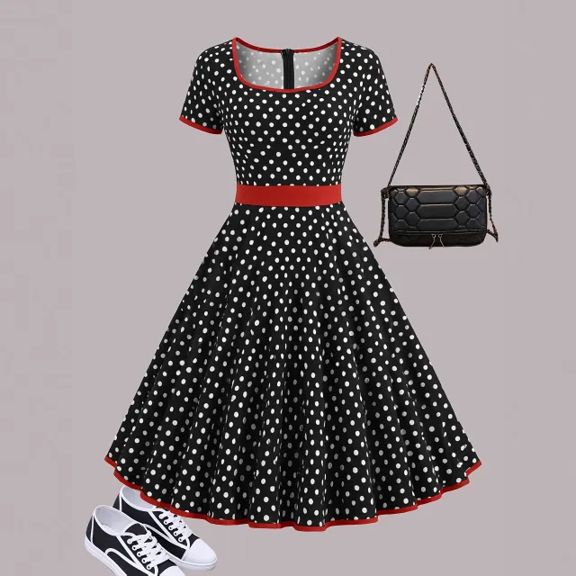 Elegant Style Square Collar Short Sleeve Polka Dot Zipper Pleated Dress Multicolor - Shop at LoveMi