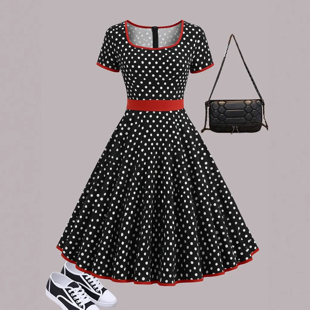 Elegant Style Square Collar Short Sleeve Polka Dot Zipper Pleated Dress - Multicolor
