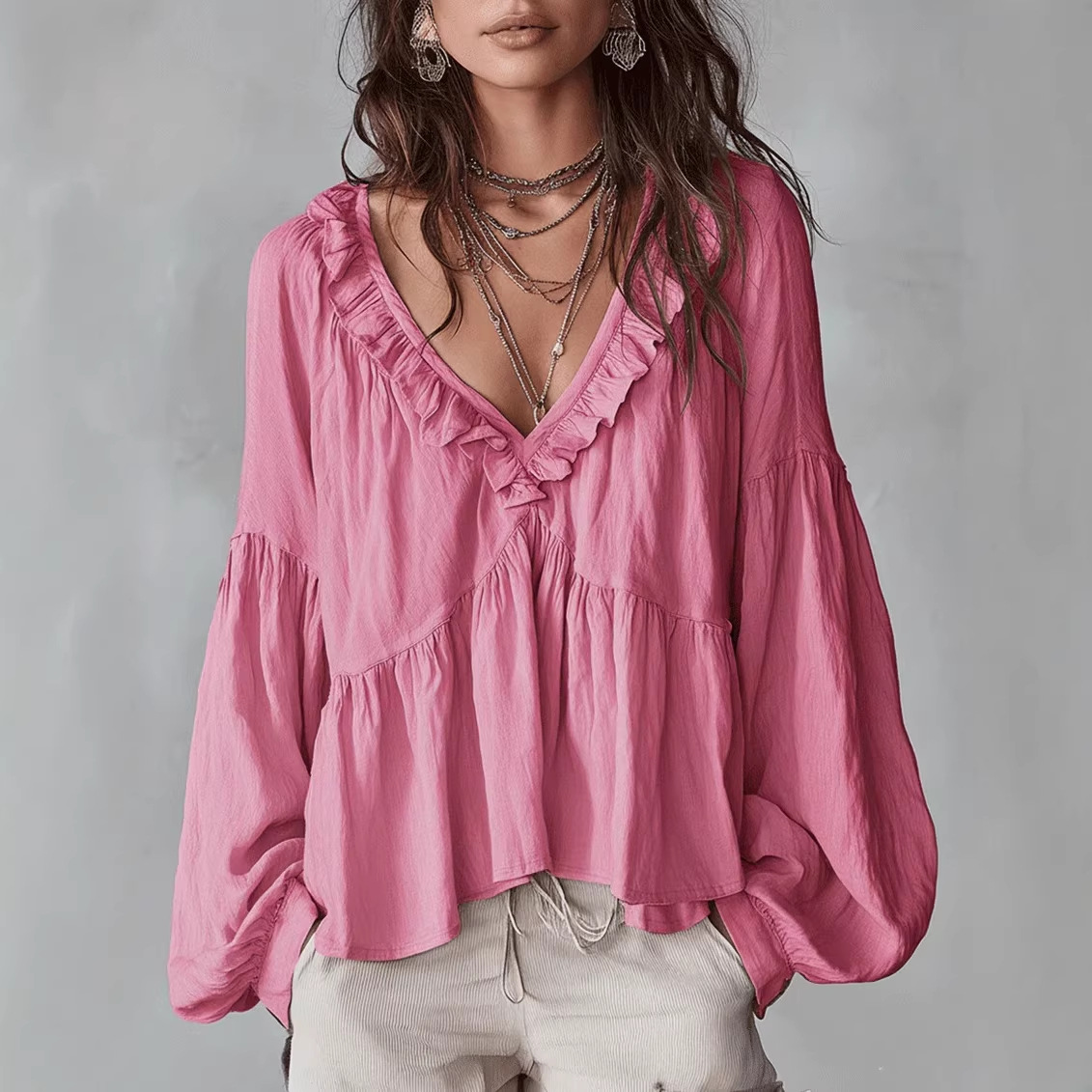 Ruffle-trimmed Puff-sleeve Pleated Blouse