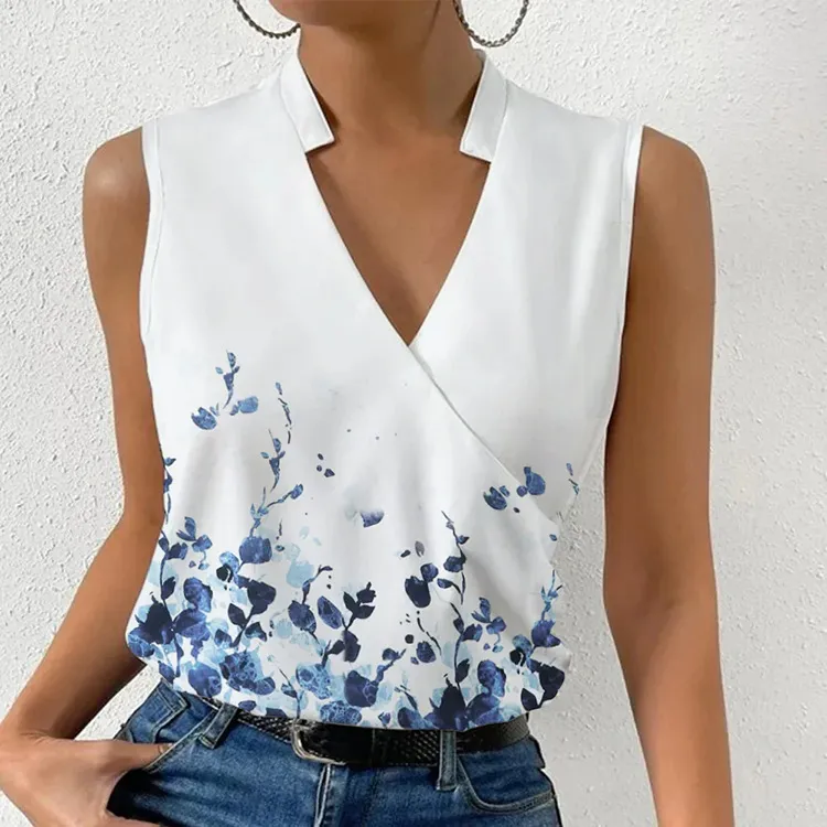 Casual Printed Tops Summer V-neck Sleeveless T-shirt Womens Clothing - Figure 3