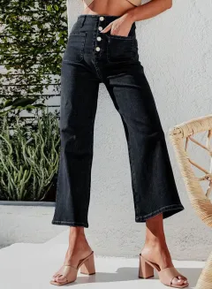 Retro Loose Straight Single Row Ornament High Waist Wide Leg Women's Jeans - Black - View 1