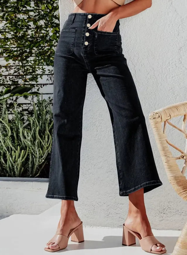 Retro Loose Straight Single Row Ornament High Waist Wide Leg Women's Jeans Black - Shop at LoveMi