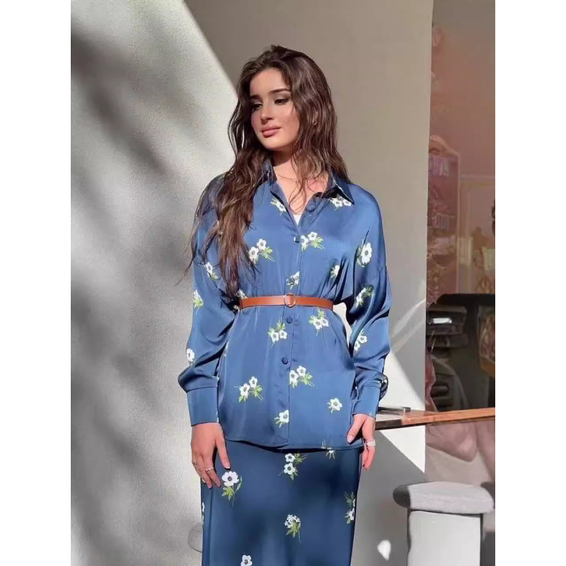 Fashion Printed Collar Shirt Mid-length Skirt Two-piece Set