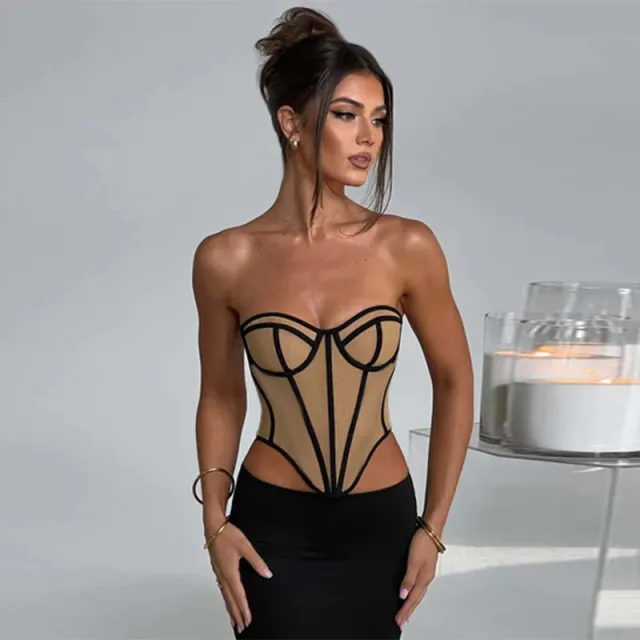 Tube Top Backless Design Lines Contrast Color Corset Top For Women Black - Shop at LoveMi