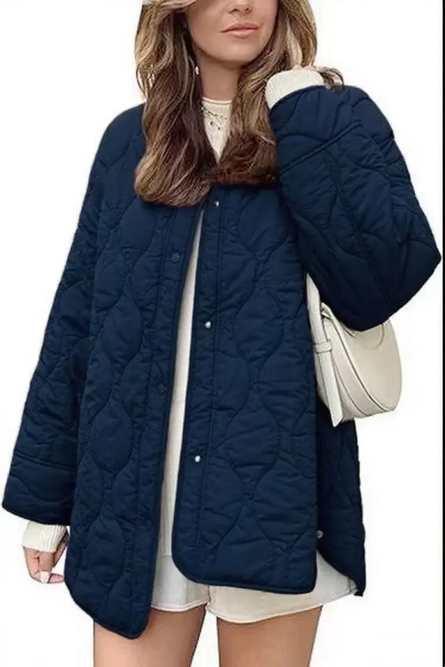 European And American Style Chic String Decoration Simple Solid Color Round Neck Loose Cotton Coat Navy Blue - Shop at LoveMi