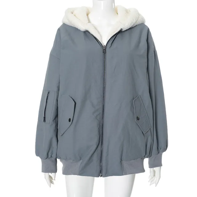 Double sided Zipper Hooded Pocket Loose Thick Plush Coat Blue - Shop at LoveMi