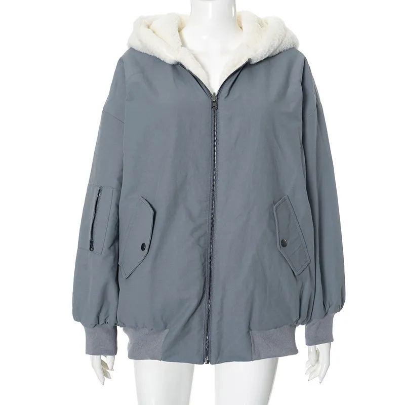 Double-sided Zipper Hooded Pocket Loose Thick Plush Coat - Blue