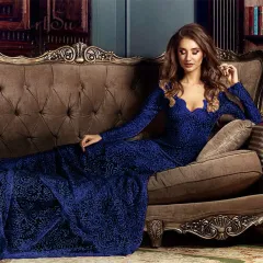 Fantasy V-neck Exposed Back Long Sleeve Mop Dress - Dark Blue - View 1