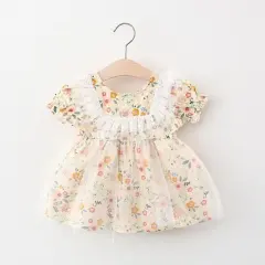 Summer Printed Short Sleeve Girl Dress - Yellow - View 1