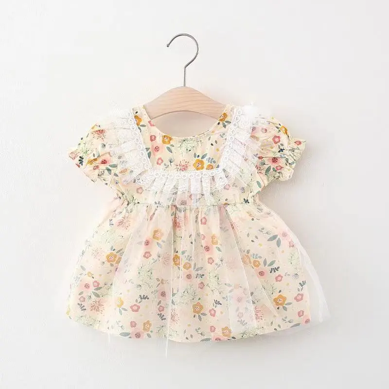 Summer Printed Short Sleeve Girl Dress - Yellow