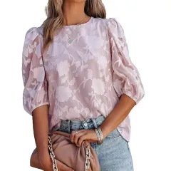 Women's Puff Sleeve Chiffon Loose Top Flower Texture Shirt - Pink - View 1