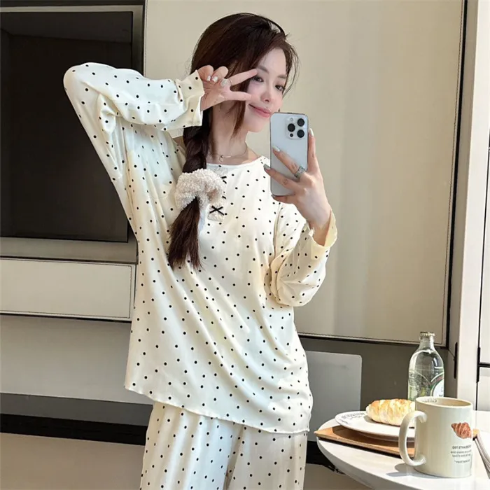 Women's Fashion Long Dot Pajama Set - Milky White
