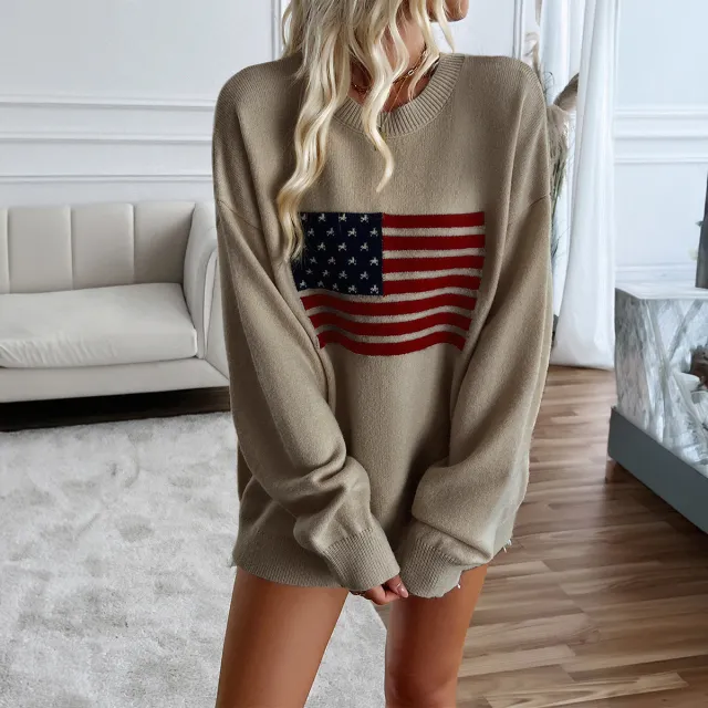 Women's Casual Loose Yarn dyed Independence Day Long sleeved T shirt Top Khaki - Shop at LoveMi