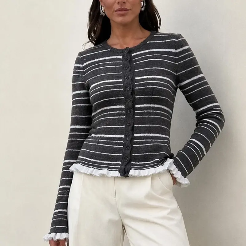 Stylish And Versatile Round-neck Striped Cardigan Womens