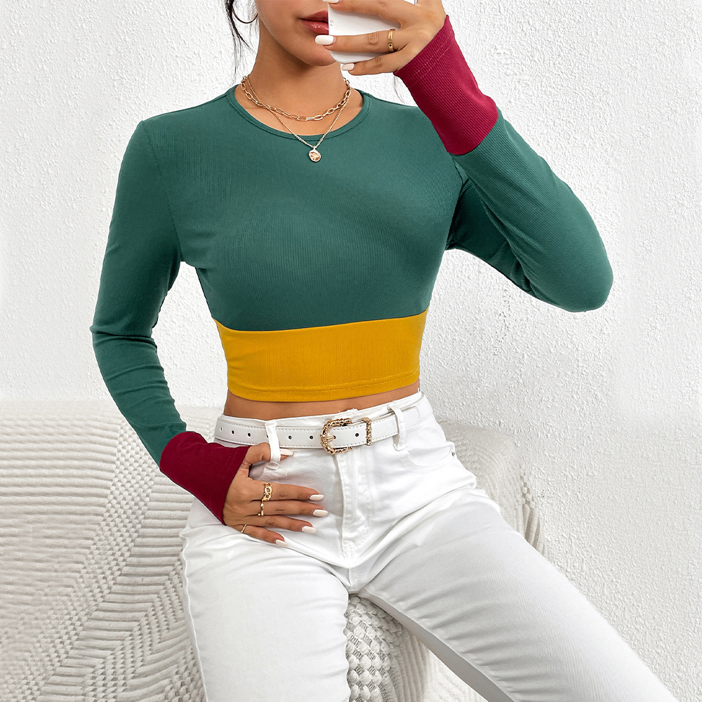 Slim Fit O-neck Short Stitching Long Sleeve T-shirt