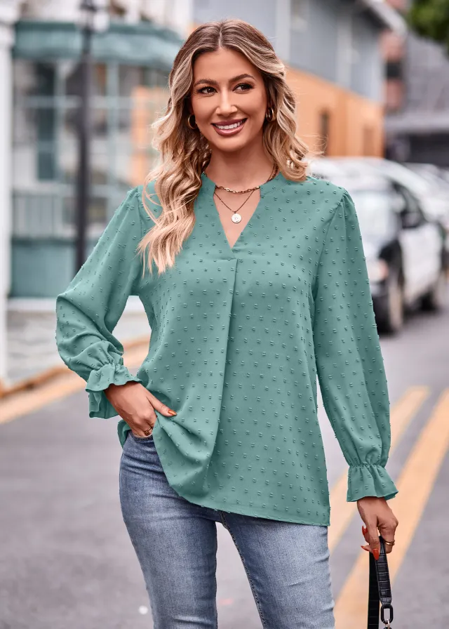 V neck Loose Long Sleeve Umbrella Sleeve Top Lake Green - Shop at LoveMi