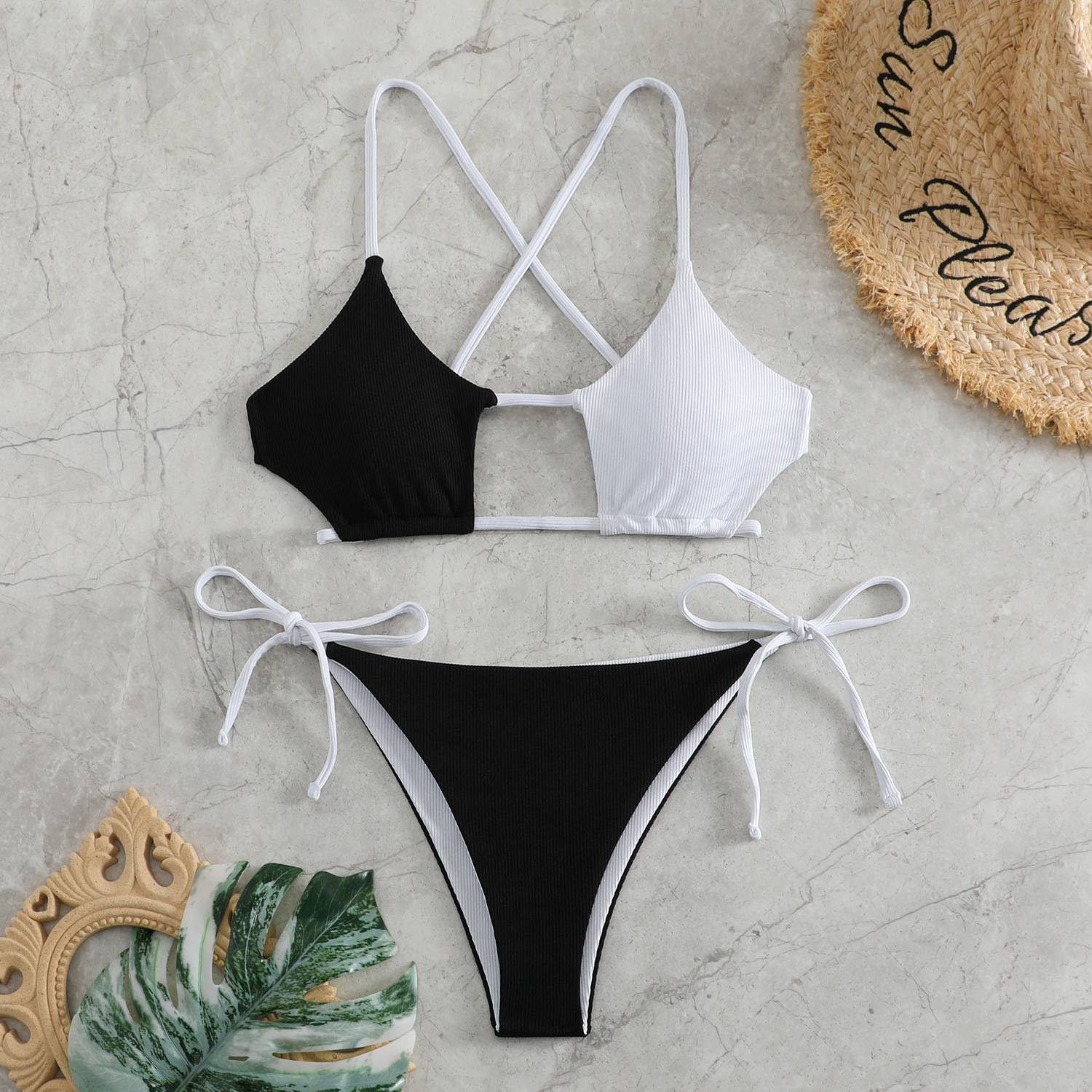 Plain Rib Fabric High Waist Color Swimsuit Black - Shop at LoveMi