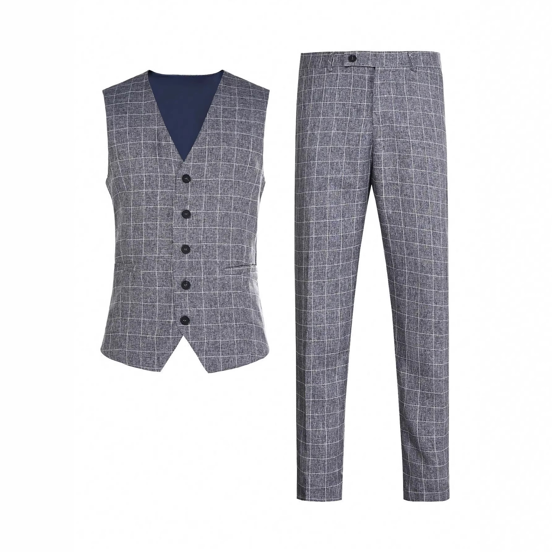 Mens Light Business Plaid Waistcoat And Dress Pants Two-Piece Suit 3