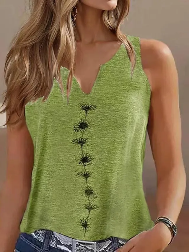 Casual Loose V-neck S Print Sleeveless T-shirt Women - Green