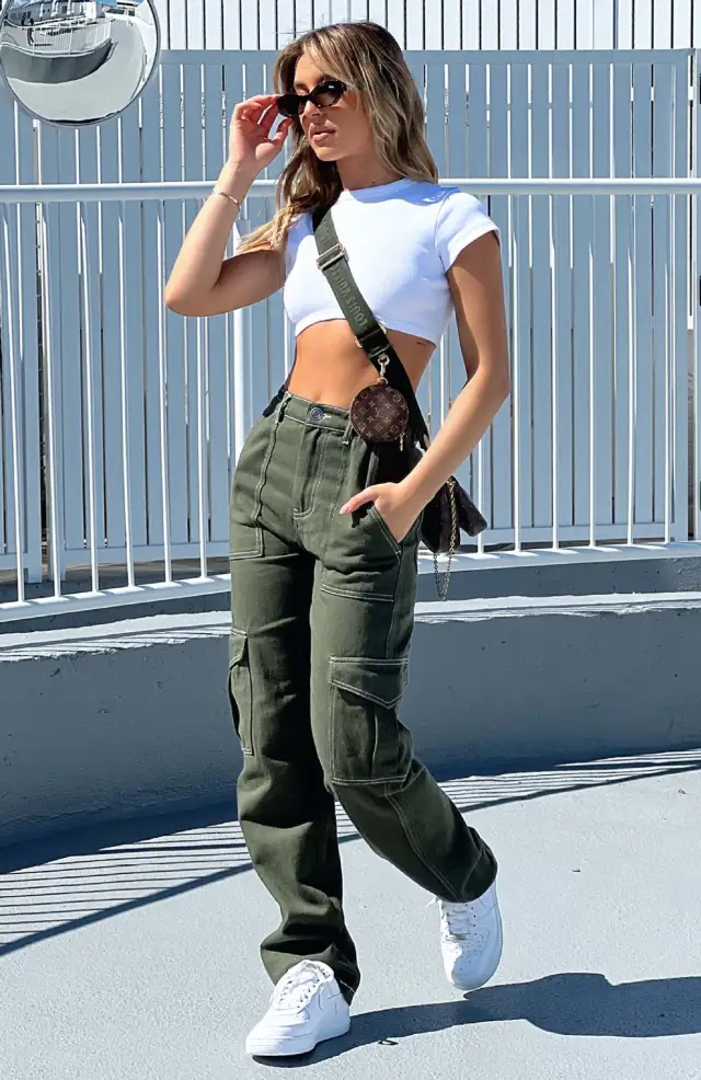 Women's Fashion Stitching Straight Multi pocket Cargo Pants Army Green - Shop at LoveMi