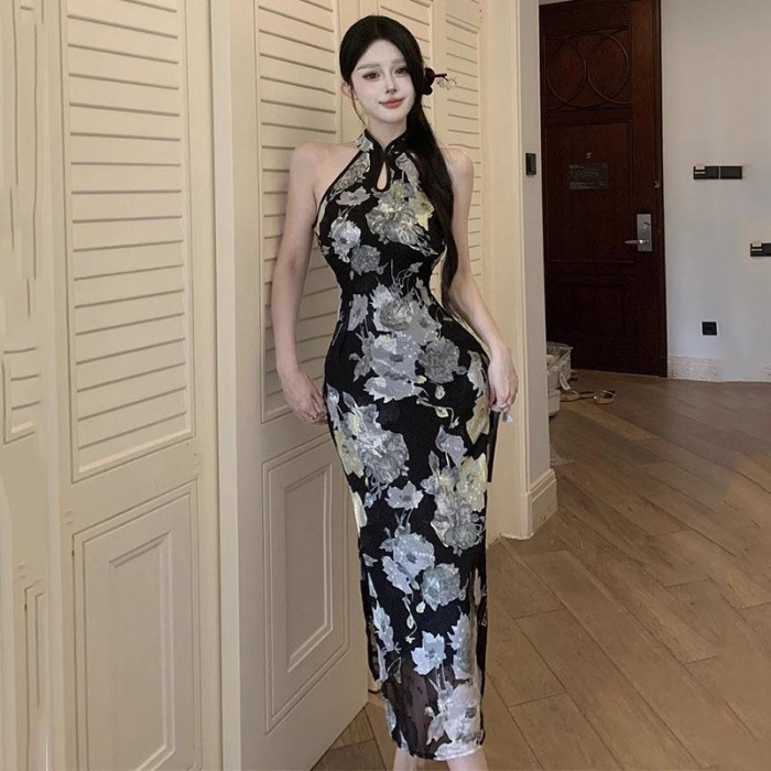 New Black Sleeveless Halter Cheongsam Dress Black - Shop at LoveMi