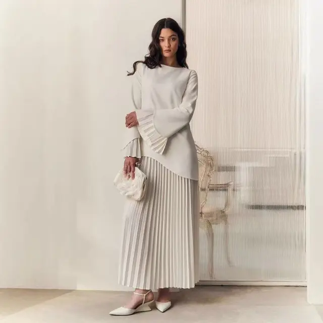 Round Neck Loose Casual Top Retro Temperament Skirt Suit Women Light Gray - Shop at LoveMi