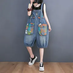 Women's Denim Printing Loose Leisure All-matching Suspender Pants - View 1