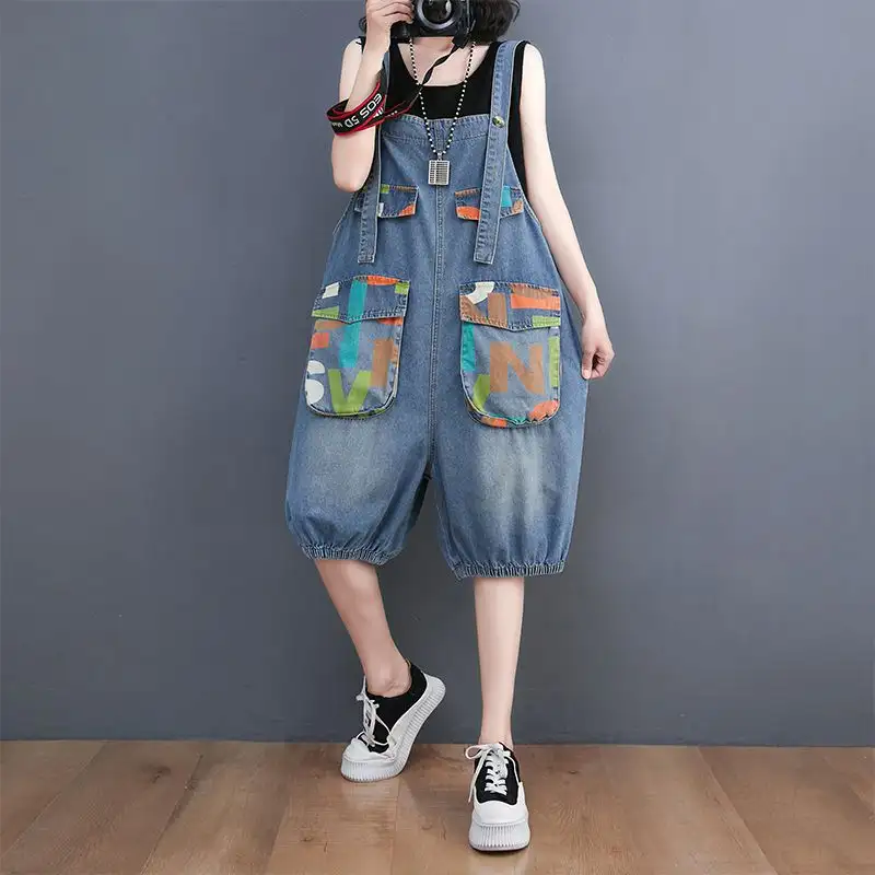 Women's Denim Printing Loose Leisure All-matching Suspender Pants