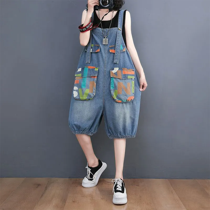 Women's Denim Printing Loose Leisure All-matching Suspender Pants