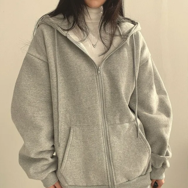 Zipper Plush And Thick Hood Sweater Women's Coat Gray - Shop at LoveMi