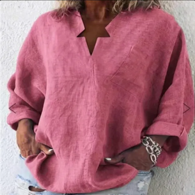 Solid Color Cotton And Linen Plus Size Long Sleeve Pullover Urban Leisure Mid length V neck Shirt Red - Shop at LoveMi