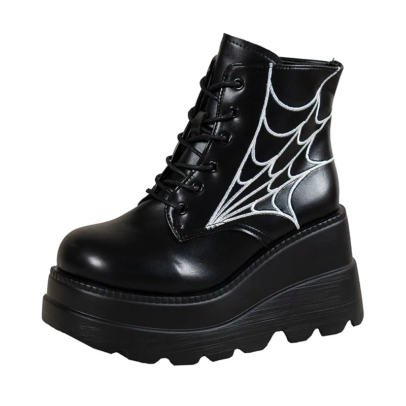 Platform Wedge Dr Martens Boots Autumn And Winter Spider Web Round Toe Lace-up Short Leather Boots - Black
