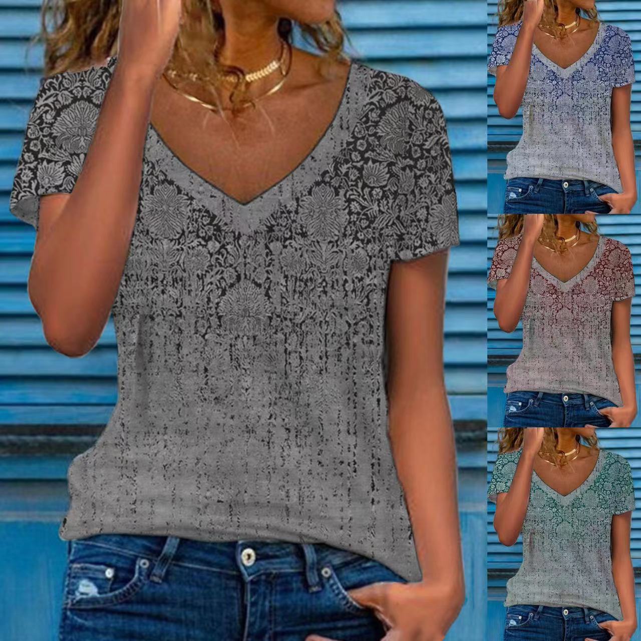 Women's Multicolor Floral Print Short-Sleeve V-Neck Top