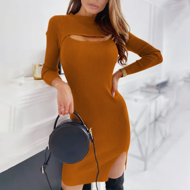 Fashionable And Sexy Long sleeve Dress With A Hollowed out Chest Design Brown - Shop at LoveMi