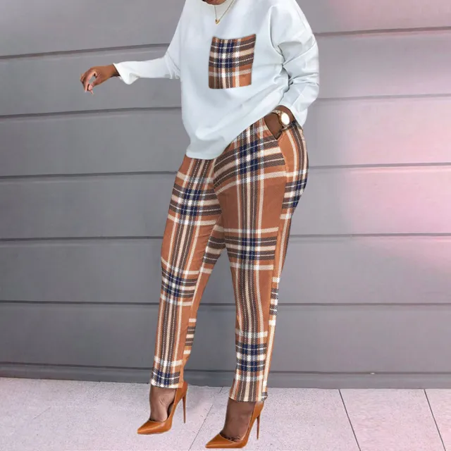 Long Sleeve Plus Size Loose Women's Casual Suit Yellow Brown Plaid - Shop at LoveMi